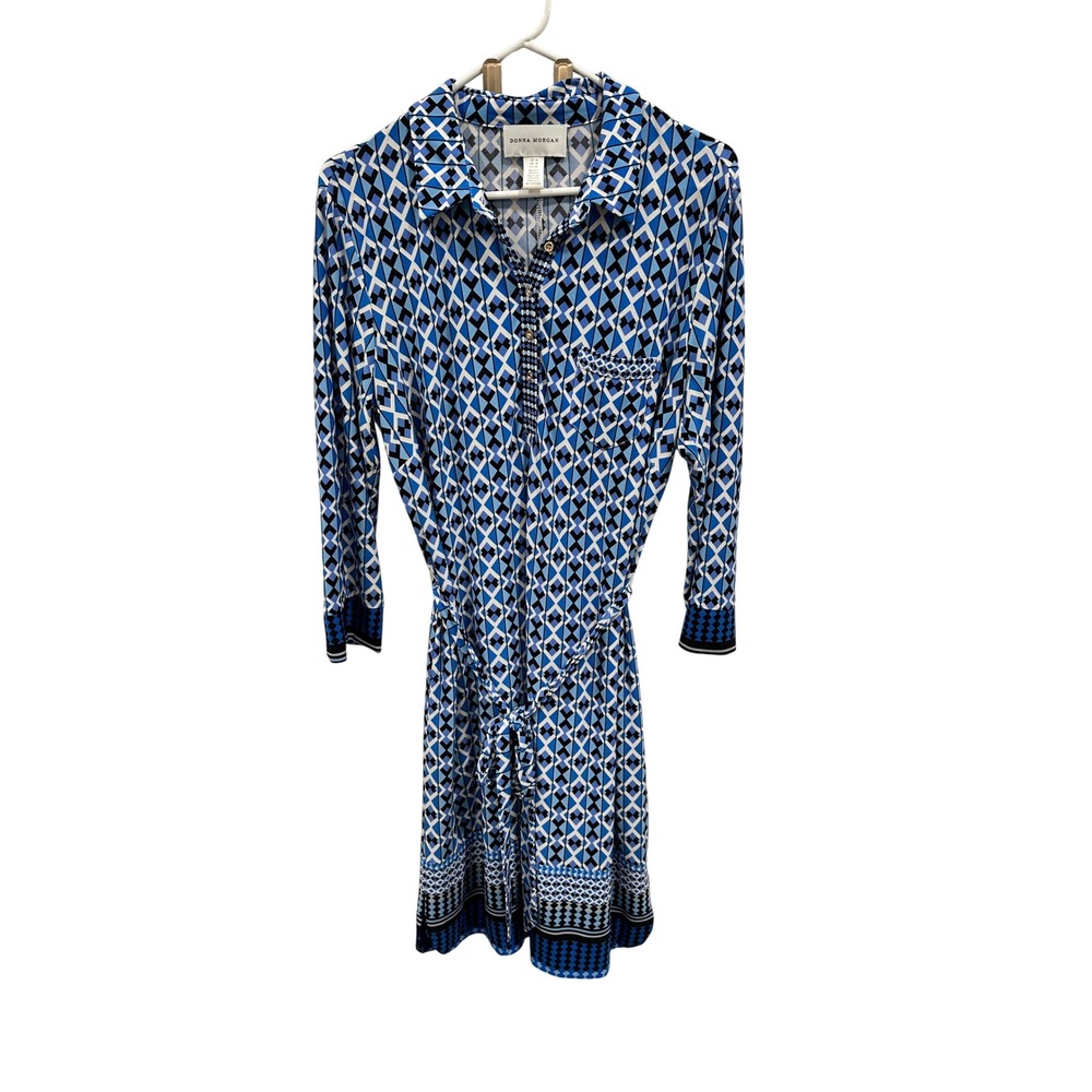 Donna Morgan Women's Blue Geometric Print‎ Long Sleeve Shirt Dress Size 14